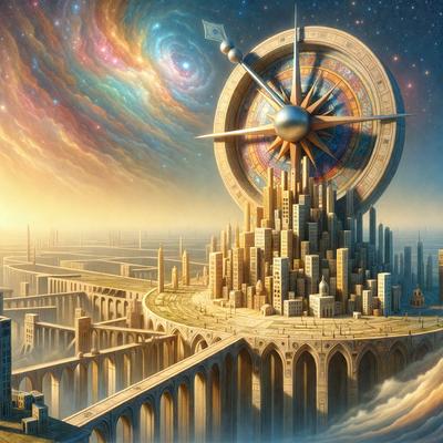 The primary subject of the image is a large, intricate clock tower with a massive clock face. The clock is positioned at the top of the tower, and the tower itself is part of a grand, ornate building. The setting is a futuristic cityscape, with the clock tower towering over the city. The visual style is a digital art, illustration, or drawing, with a focus on the clock tower's intricate details and the futuristic cityscape in the background. The colors and mood
